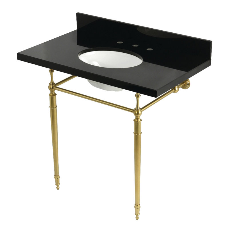 Kingston Brass Edwardian 36-Inch Black Granite Console Sink with Brass Legs (8-Inch, 3-Hole), Brushed Brass
