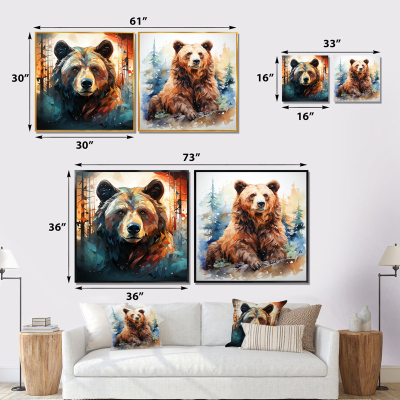 «Brown Bear Forest Portrait I», ensemble de 2 décorations murales d'ours, Toile tendue, H 16 po x l 33 po x P 1 po