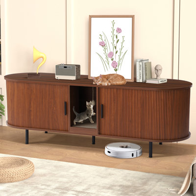 63" Cat Litter Box Enclosure For 2 Cats With Sliding Doors, Modern Fluted Hidden Litter Box Furniture With Scratch Pad And Sisal Ball, Indoor Large Cat House Cabinet End Table Tv Stand
