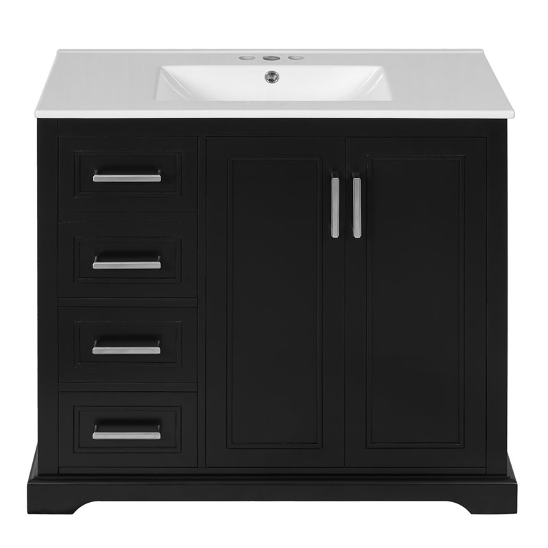 Meuble-lavabo moderne avec lavabo en céramique, tablette ajustable et 3 tiroirs, Noir