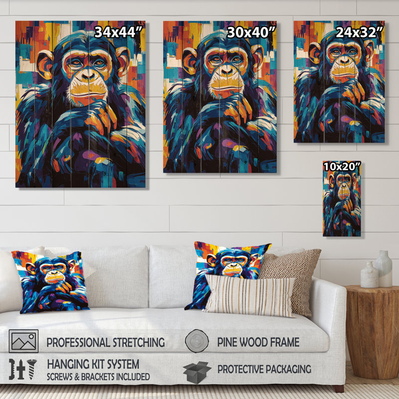 Pop Art Agile Monkey Portrait I - Art mural moderne sur bois de pin naturel, H 44 po x l 34 po