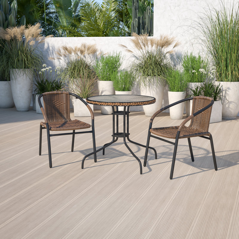 28'' Round Metal Table & 2 Rattan Stack Chairs Set