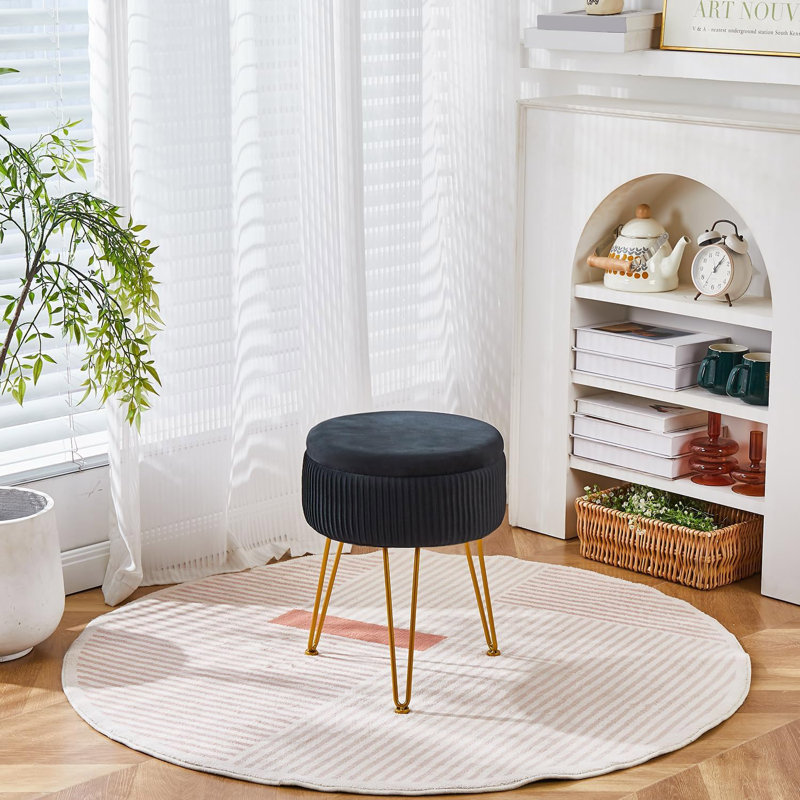 Repose-pieds rond en velours avec rangement, Noir, noir, noir, noir
