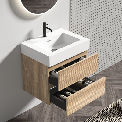 Meuble-lavabo flottant mural moderne, conception en chêne, tiroirs doubles, planches de qualité E1, système de fermeture en douceur, poignée cachée, lavabo à finition brute de 23,01 po de hauteur, lavabo en quartz blanc, E0 silencieux