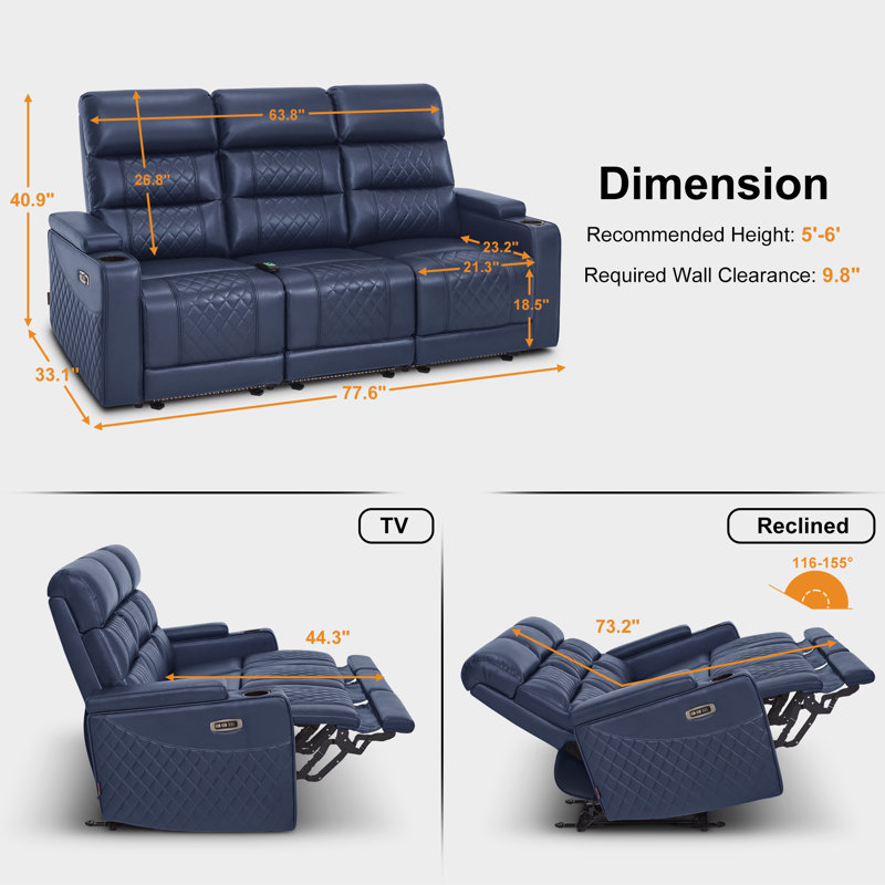 Canapé inclinable électrique de 76,7 po de large à 3 sièges, siège de cinéma maison avec appui-tête réglable et rangement pour accoudoirs