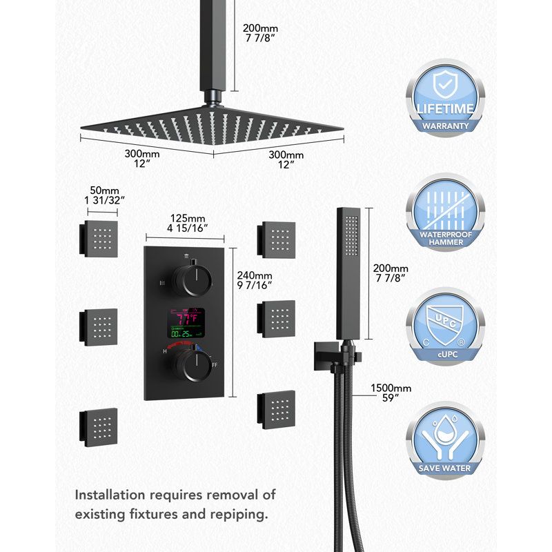 Système de douche à pression équilibrée avec douchette à main 12 po avec douchette à main DigitalDisplay, Noir mat