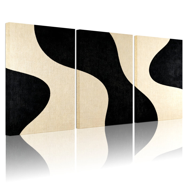 Ensemble de 3 tableaux sur toile à motif de vagues abstraites noires et beiges, H 18 po x l 36 po
