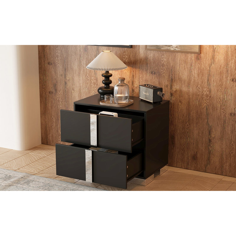 Table de chevet avec miroir, 2 tiroirs, finition noire et pied en métal, atmosphère de chambre à coucher confortable