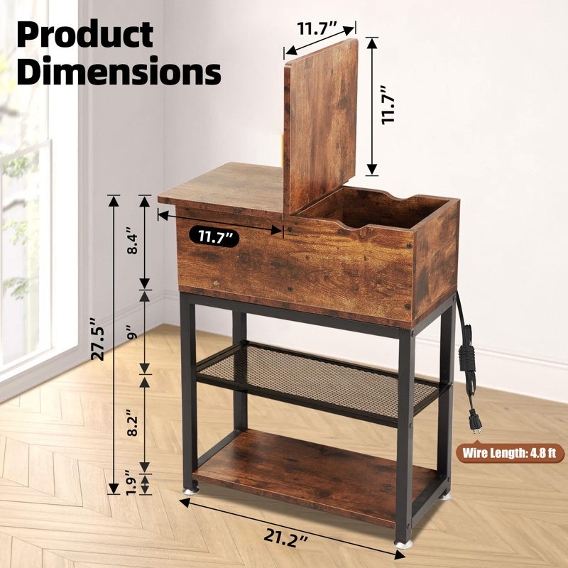 Table d'appoint rustique 3-en-1 brun avec station de charge, tiroir rabattable et organisateur en fil de fer - Table de bout compacte pour petits espaces