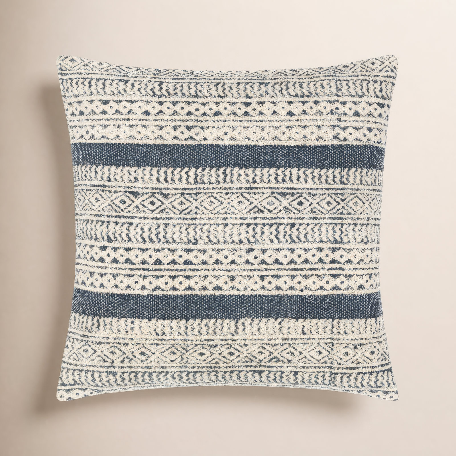 Zetta Geometric Cotton Throw Pillow, Down, Beige/Denim, 14" x 22"