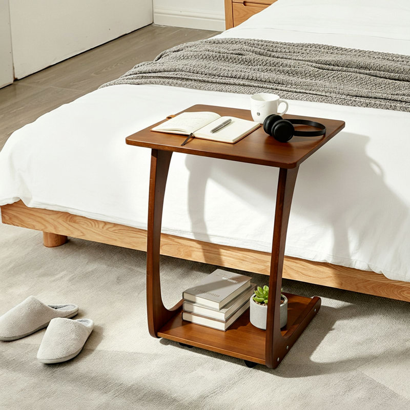 Solid Rubberwood C-Shaped End Table with Lockable Wheels, 2-Tier Rolling Laptop Table for Home