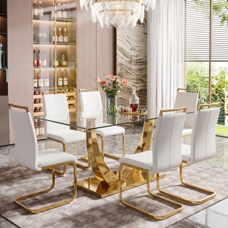Modern Glam 7-Piece Rectangular Tempered Glass Dining Set with Faux Leather Cantilever Chairs, 7 Pieces: Table, 6 Chairs