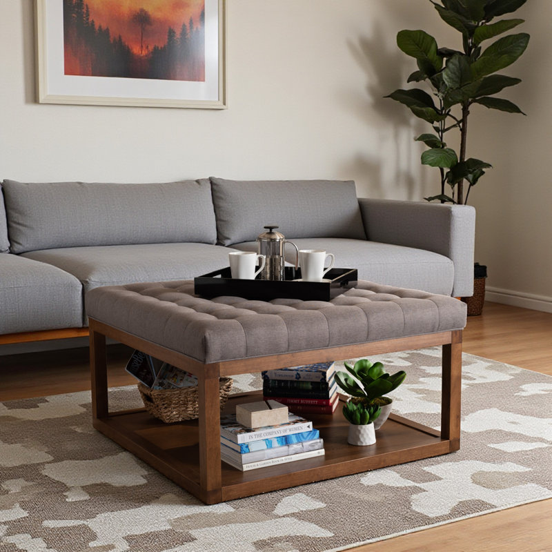 Repose-pieds capitonné Ato avec revêtement en tissu gris et finition brune, H 19,96 po x l 36,29 po x P 36,29 po
