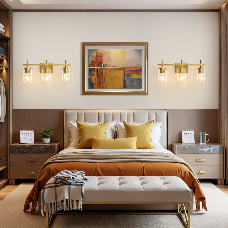 Miroir de salle de bain à 3 lumières de luxe moderne à intensité variable avec abat-jour, Doré