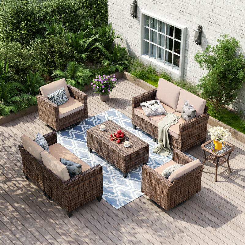 Kisner 6 - Person Outdoor Wicker Conversation Set With Cushions And Table, Beige
