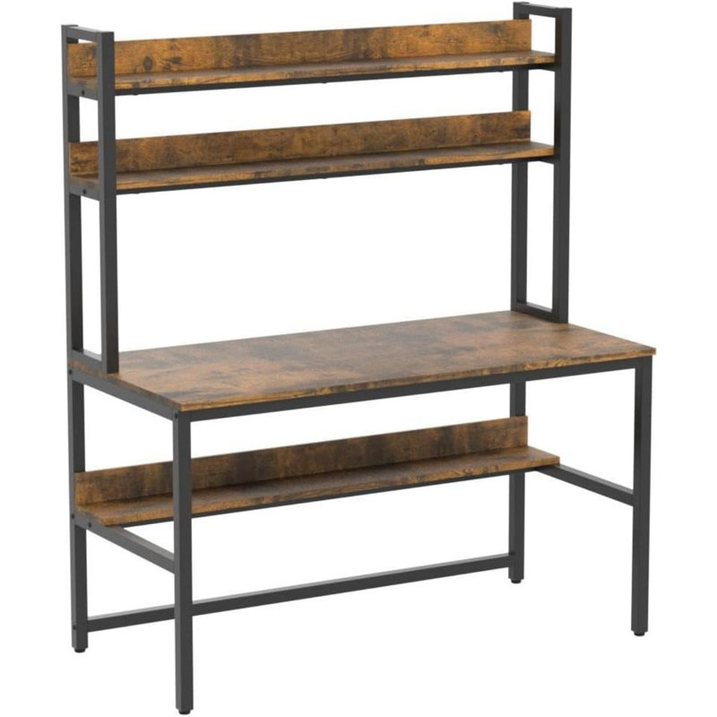 Computer Desk With Hutch Bookshelves, Rustic Brown Desk With Space Saving Design, Organized Desk With Storage Shelves Bookshelf
