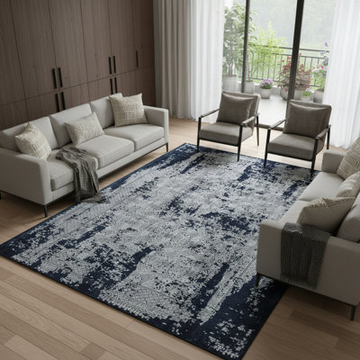 Tapis abstrait gris et bleu marine 7 pi x 10 pi avec franges