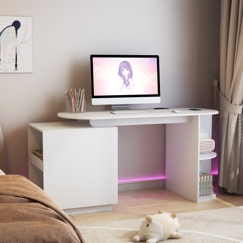 Bureau de bureau moderne extensible avec tiroirs de rangement, tablettes ouvertes et ports de chargement pour adolescents et étudiants