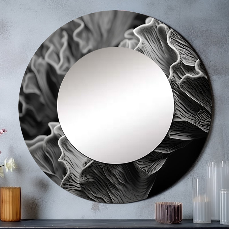Noir et blanc corail anémone Royaume I - miroir mural coraux, miroir décoratif rond gris, impression d'art en métal