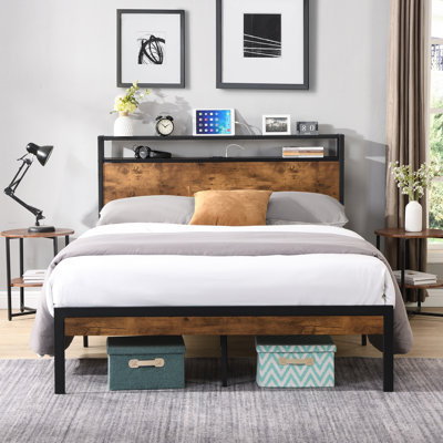 Metal Platform Bed Frame with Wooden Headboard & Footboard, USB Charger, No Box Spring Needed, Large Under Bed Storage, Easy Assembly