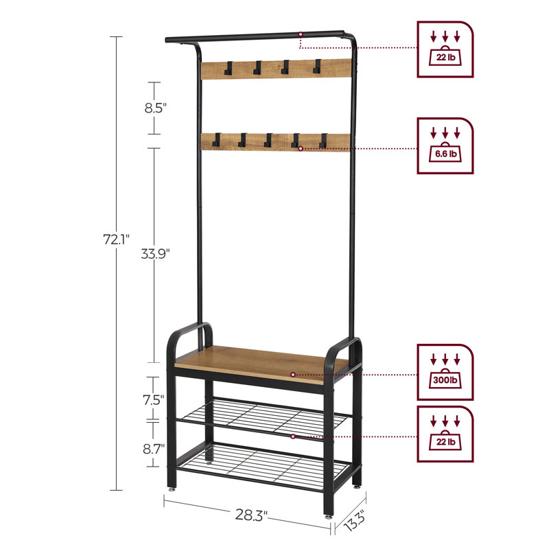 Hall Tree 28.3'' Wide with Bench and Shoe Storage, Honey Brown/Black