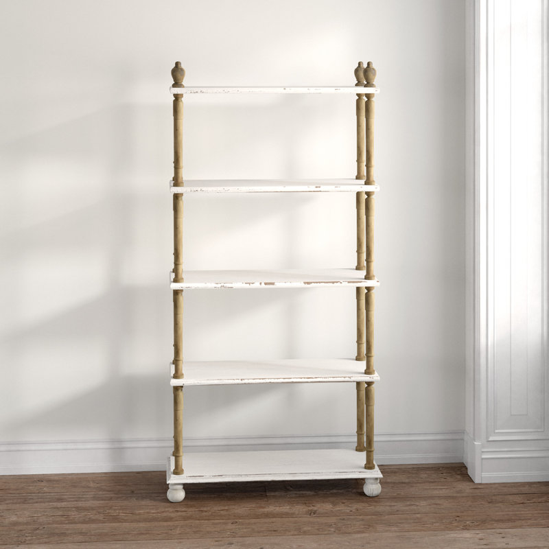 Étagère de rangement en bois blanc vieilli à 5 tablettes tournées avec côtés à broches brunes et pieds sphériques, 37 po x 14 po x 75 po