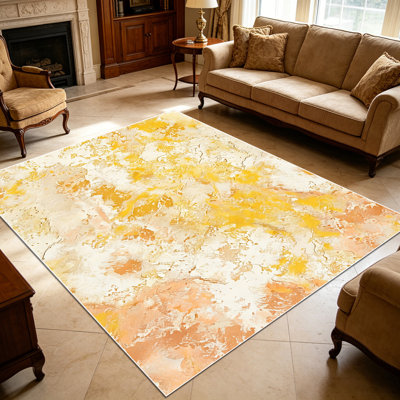 1PC Warm Yellow Cream Terracotta Marbled Abstract area rugs for Living Room, Soft and Comfortable, Suitable for all seasons, easy-to-maintain, machine washable Indoor floor mat, Under Table Farmhouse suitable for dining table, bedroom, entryway,