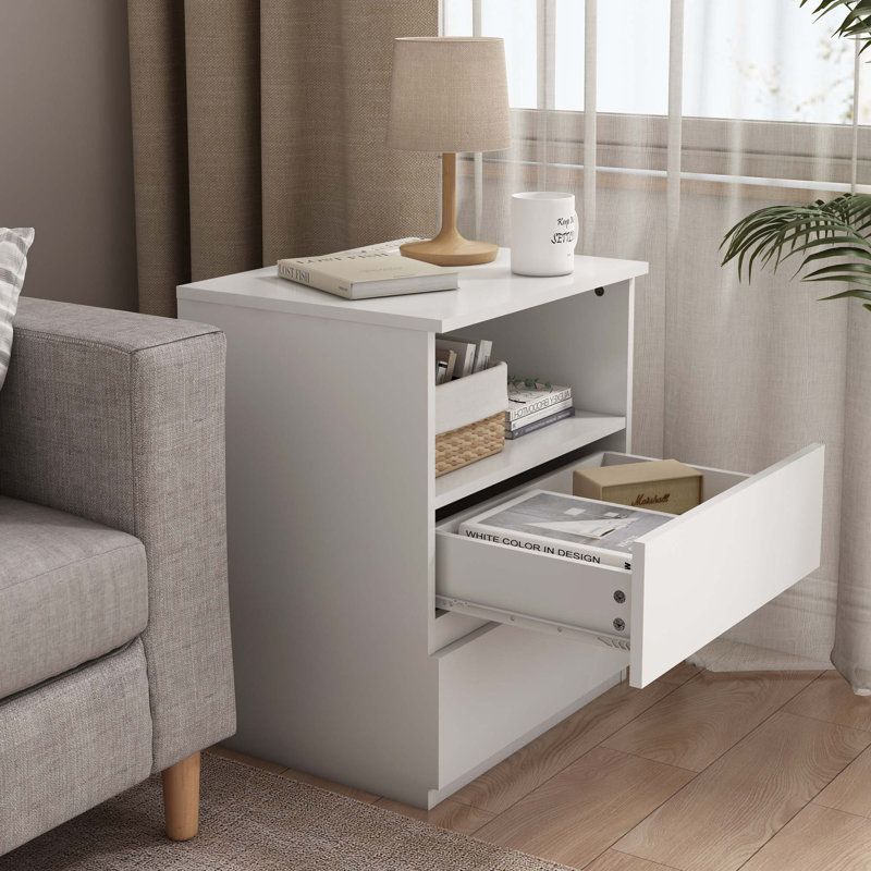 Table de bout avec station de charge USB C rapide, canapé avec 2 tiroirs, grande armoire de rangement moderne en bois pour le salon, la chambre à coucher, le bureau, blanc