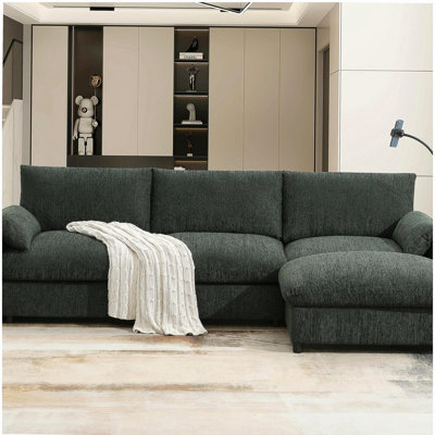Ensemble de canapé en velours 96,5 pouces avec repose-pieds et poches avec rangement, support pour téléphone portable réglable, sièges spacieux, ensemble de canapé en L 4 places avec chargeur USB, canapé confortable, convient au salon, à un appartement, 3 couleurs