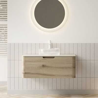 Meuble-lavabo de 36 po avec lavabo, armoire de rangement en contreplaqué flottant avec tiroir XAI XAI, lavabo rond en verre transparent et plateau en pierre frittée Roma