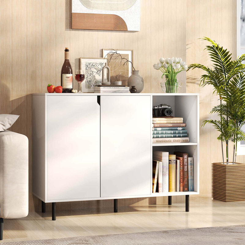 Buffet de cuisine avec tablettes réglables et 2 portes, pieds en métal robustes, blanc