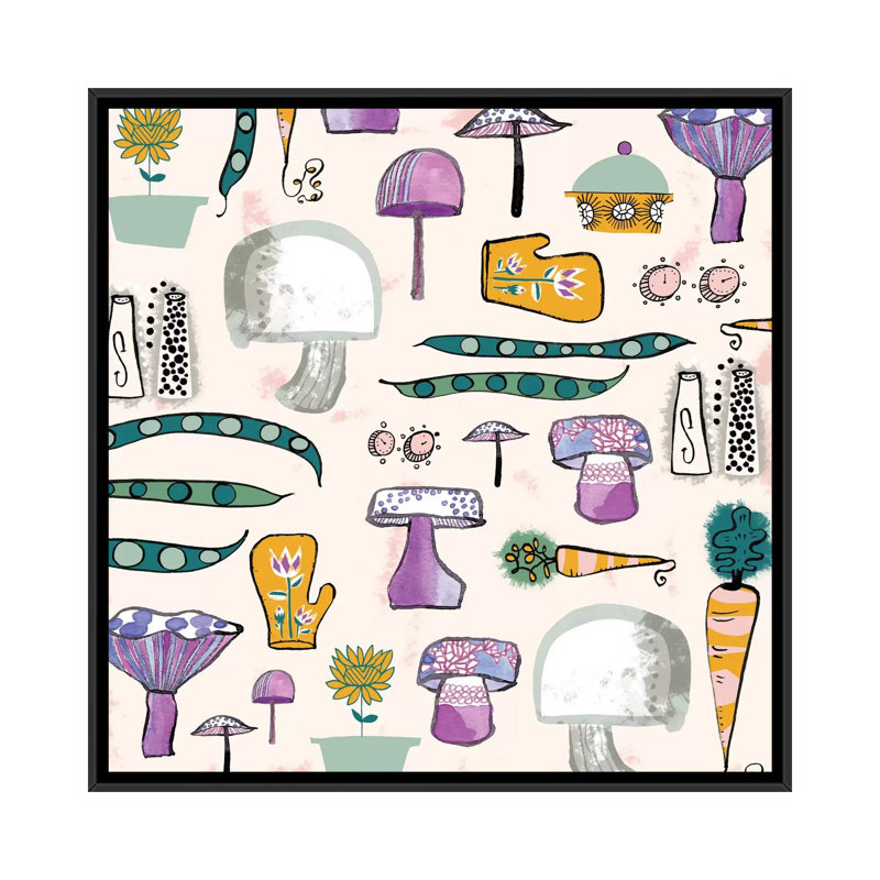 « champignon cuisine », reproduction d’art sur toile, H 26 po x l 26 po x P 1,5 po, Toile avec cadre noir, Pas de tapis