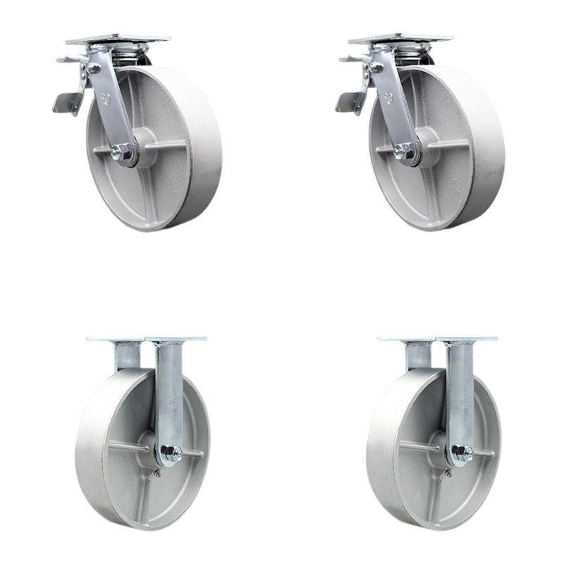 8 Inch Semi Steel Caster Set with Ball Bearings 2 Brakes 2 Rigid Service Caster