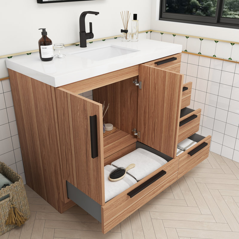 Meuble-lavabo autoportant avec tiroirs à droite Carla, 42", Chêne blanc