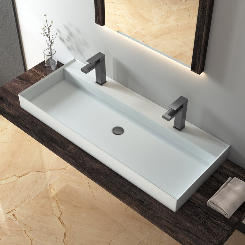 Chloe MEDUNJESS 47" Wall Mounted Bathroom Sink, Matte White Solid Surface Vessel Sink with Double Faucet Holes,Rectangular Vessel Sink