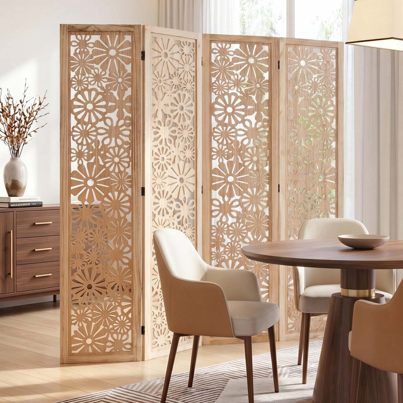 Cloison pliante 67 po Floral, 4, Natural Wood