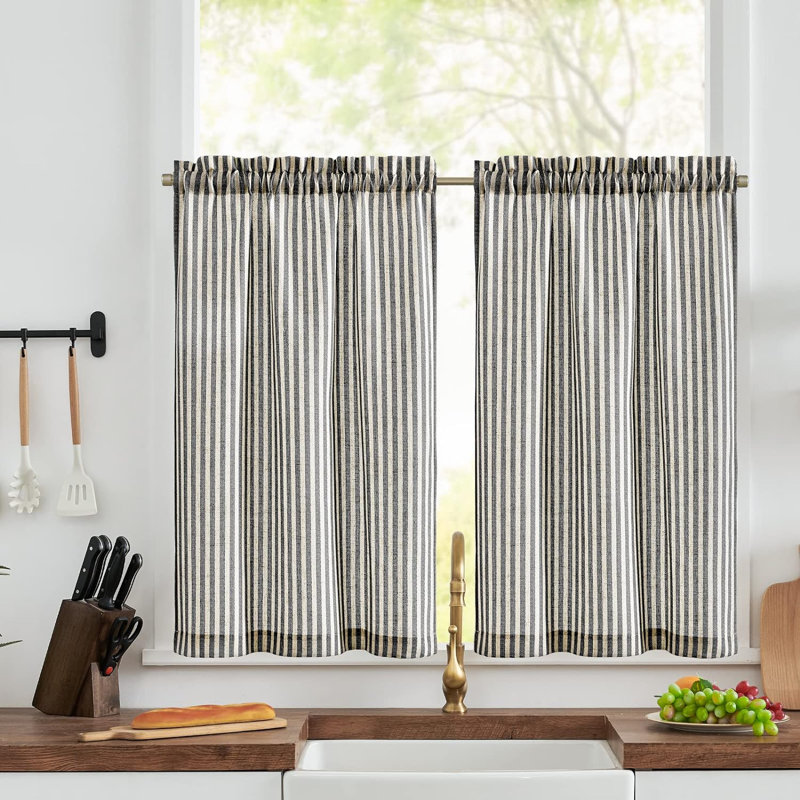 Rideaux de cuisine en lin à rayures avec passe-tringle, Beige, L 26 po x L 45 po