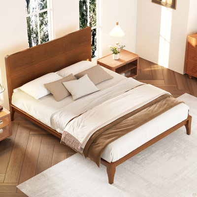 Grand lit plateforme Mid-Century moderne en bois de bambou de 12 pouces avec support en lattes de bois, aucun sommier nécessaire