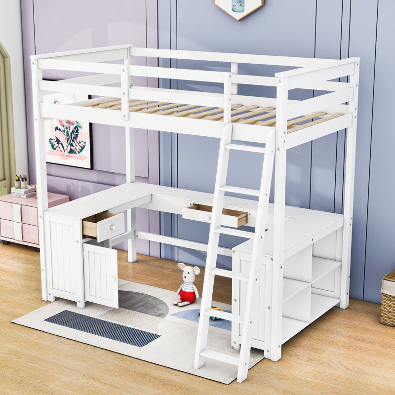 Karthika Wood Loft Bed With U-Shaped Desk, Drawers,Ladder And Storage Shelves, White