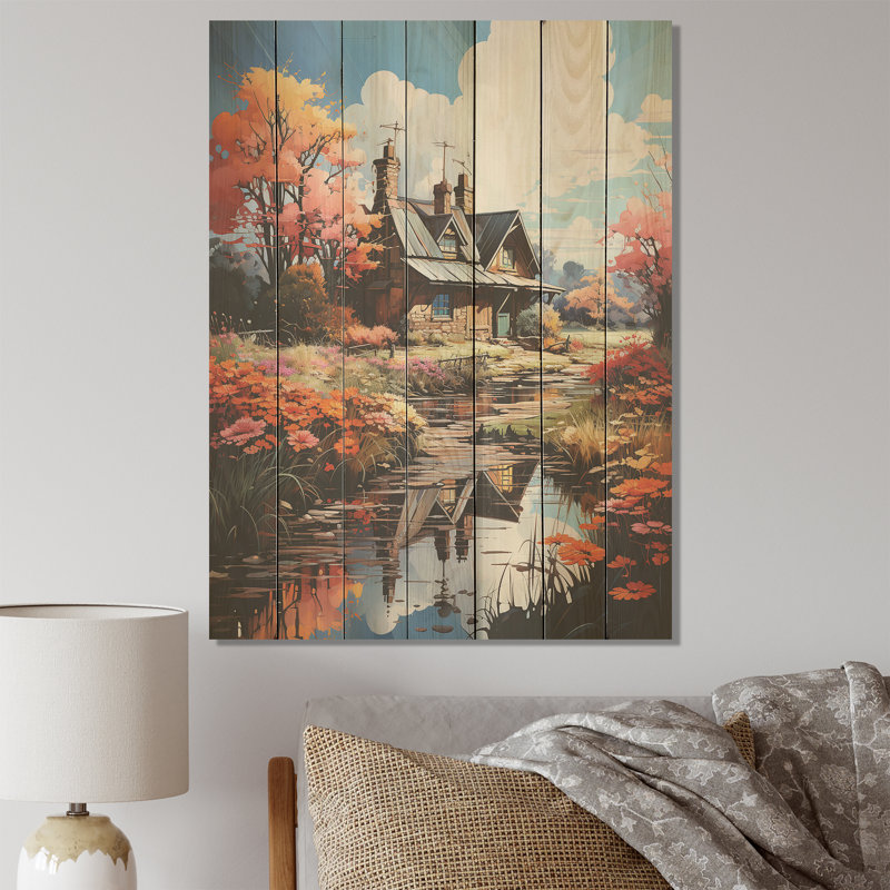 Fall Retreat Cottage Landscape II - Paysage sur bois, H 20 po x l 10 po