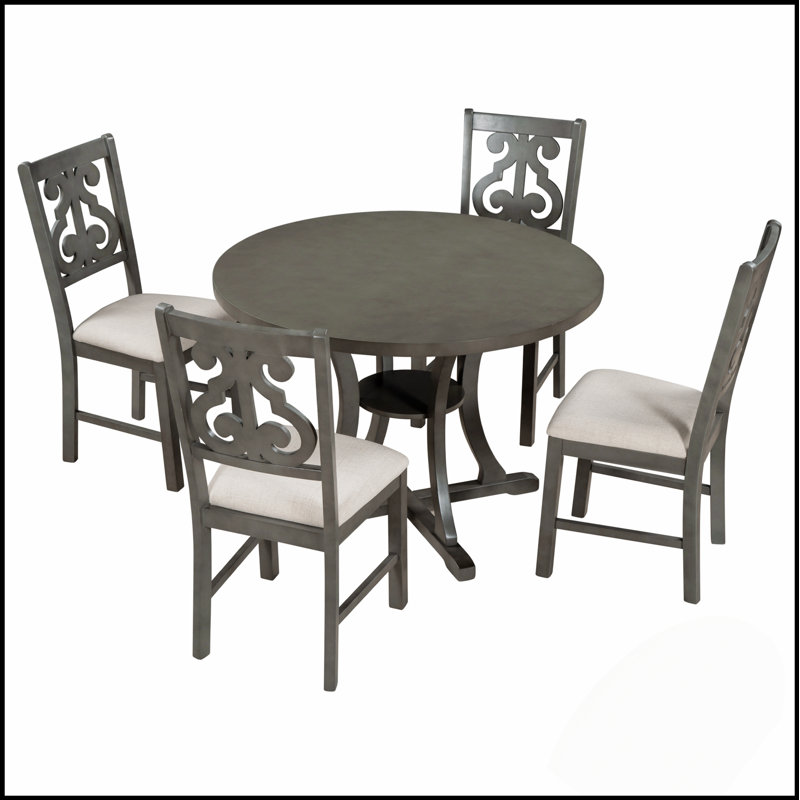 5-Piece Round Dining Table And Chair Set With Special-Shaped Legs, Exquisitely Designed Hollow Chair Back For Elegant Dining