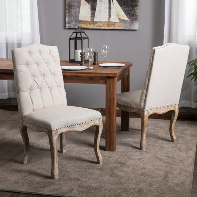 2 chaises de salle à manger - tissu beige, capitonnage à point de diamant, 2 sièges stables de style moderne, bois patiné