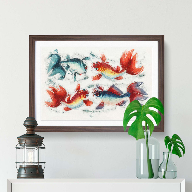 Two Gold & Silver Fish - Picture Frame Painting Print, 48cm H x 65cm W x 2cm D, Walnut Framed
