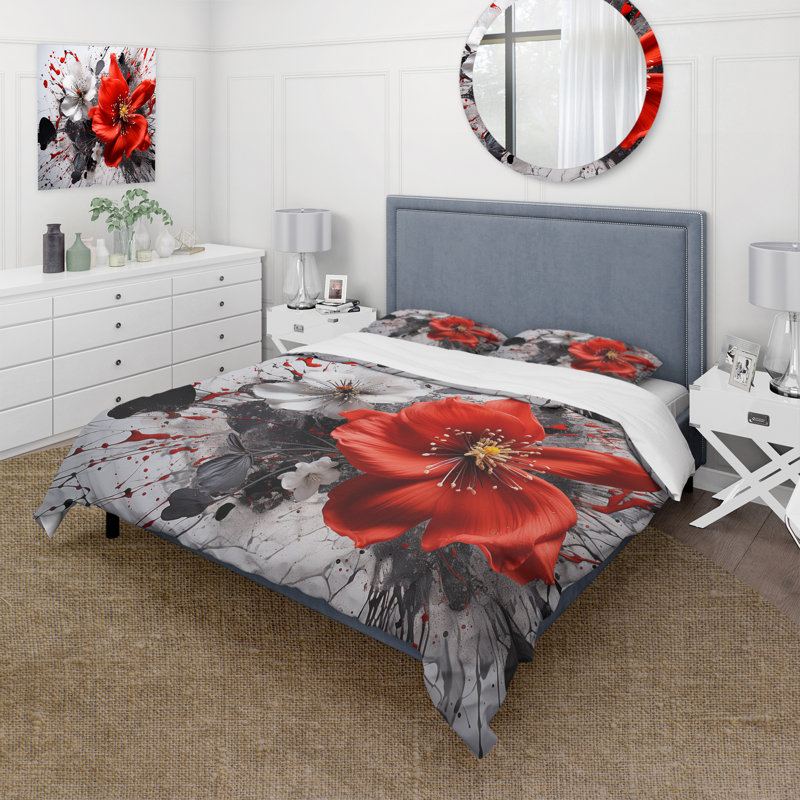 Ensemble de housse de couette en microfibre / polyester Red Gray Botanical Symphony I Bedding