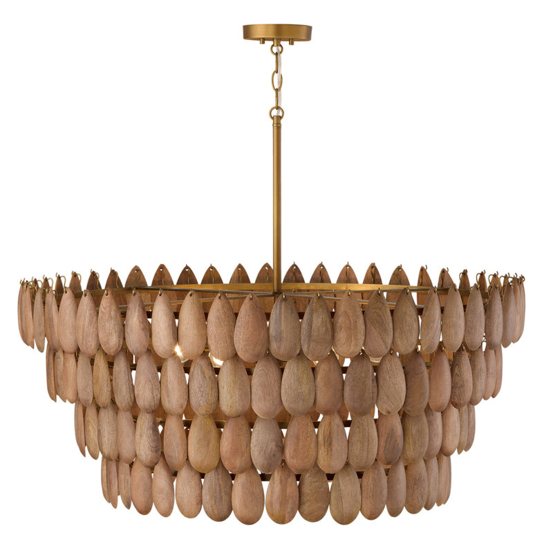 Luminaire suspendu en laiton patiné et bois de manguier fabriqués à la main, H 17 po x l 36,5 po