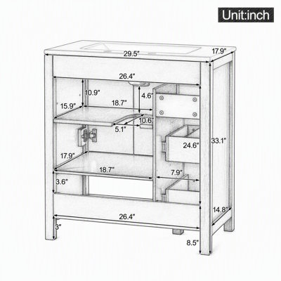 Meuble-lavabo de 30 po avec lavabo en céramique, armoire avec 2 portes et 2 tiroirs, tablette ouverte, conception rainurée, finition peinte imperméable