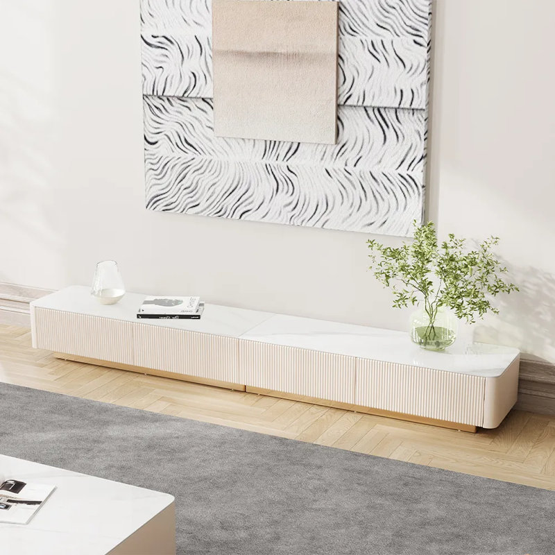 Meuble télé extra long avec cannelure en fritté brillant, H 10 po x L 118 po x l 16 po