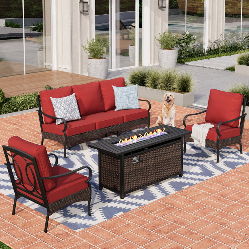 Ensemble de conversation pour patio 5 personnes avec table foyer , 5 Pcs: Fire Pit, 2 Chairs, Sofa, Table, Rouge