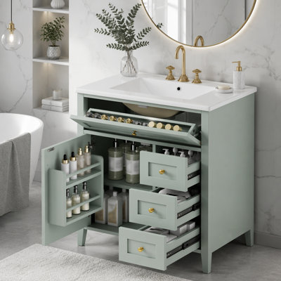 Meuble-lavabo de salle de bain avec lavabo, armoire en bois d'hévéa moderne, 3 tiroirs, tablette réglable