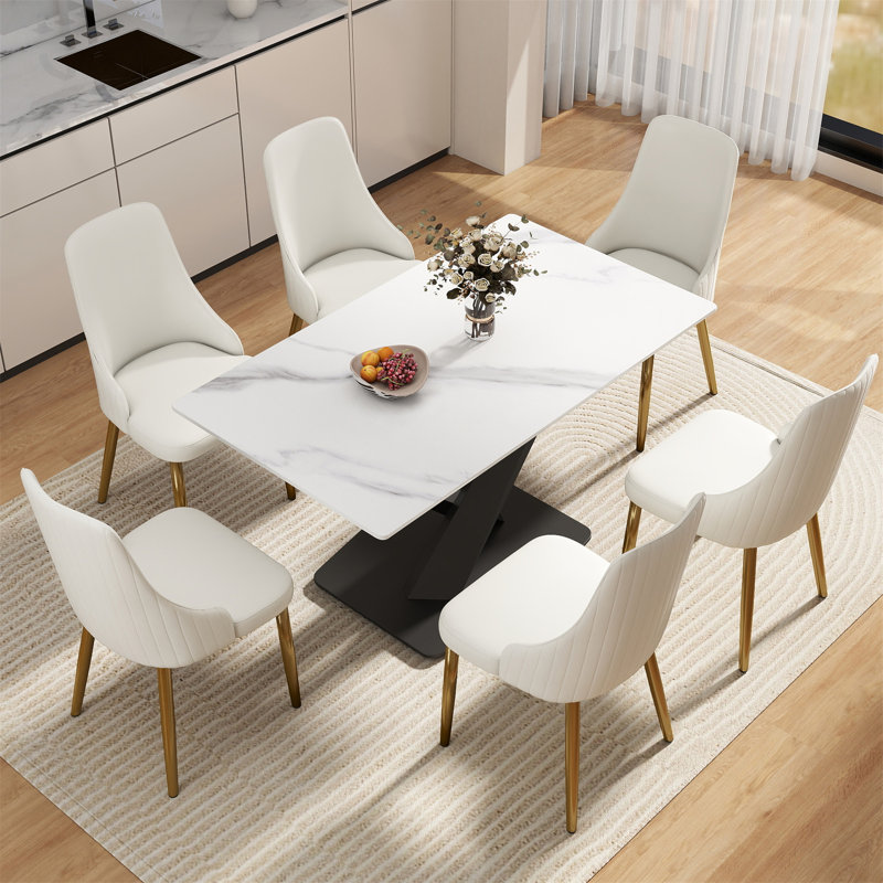 Table de salle à manger 55,12 po Pierre blanche moderne à rebord droit en métal noir pour 6 personnes, Blanc